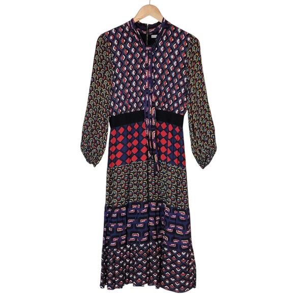 Alice + Olivia Karolina Mod Moon Tie Neck Blouson Sleeve Colorblock Midi Dress 6 - Picture 16 of 16